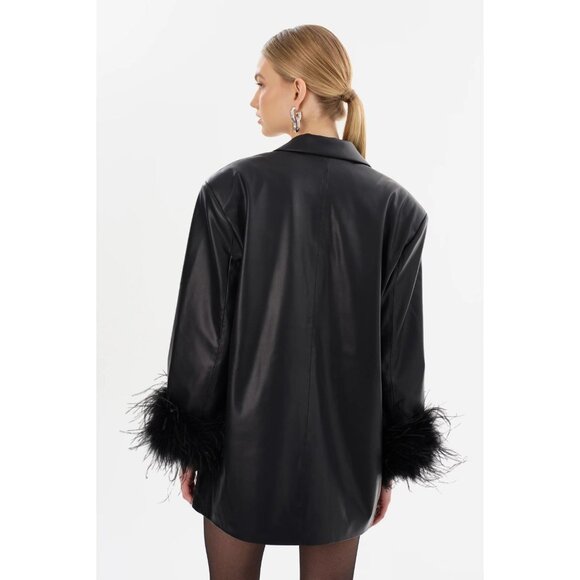 LAMARQUE Galia Black Faux Leather Feather Trim Oversized Blazer, Size XS/S - Picture 4 of 13